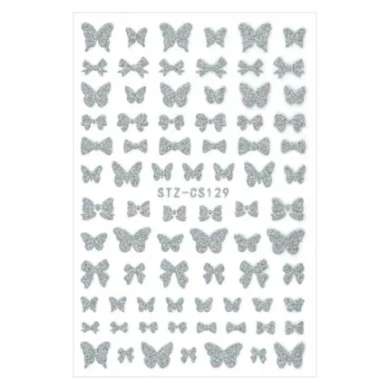 Pegatina uñas Navidad 3D Plata lazos y mariposas STZ-CS129
